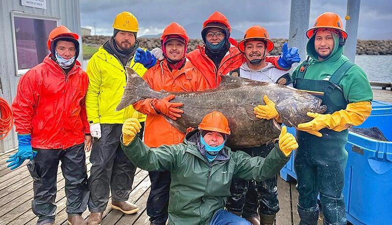 picture of SBS employees posing on a dock around a large fish they caught