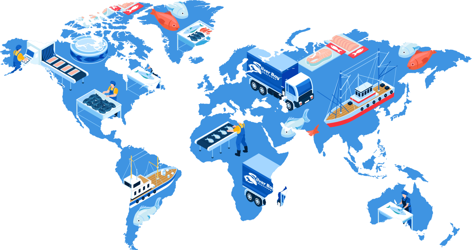Picture of a map of the world with seafood processing illustrations within the map shape